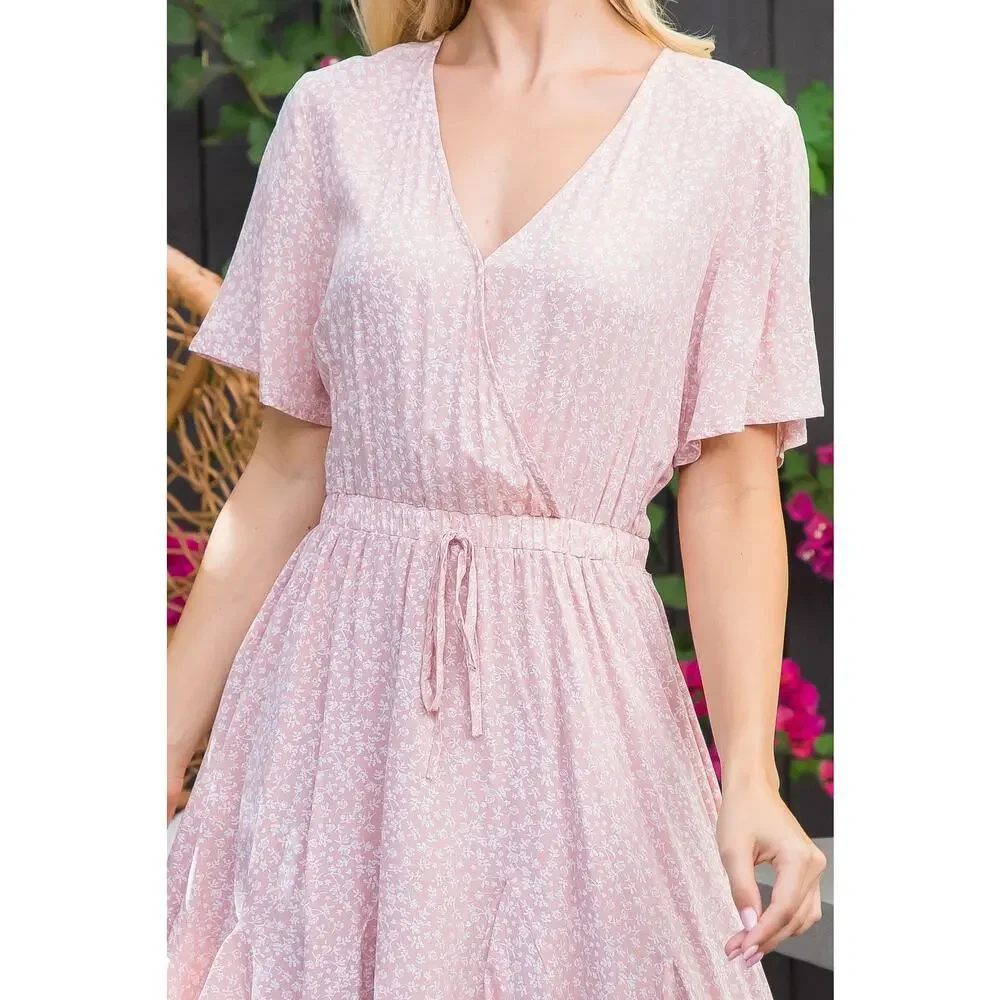 Blush Pink Wrap Mini Dress Flowy Tie Waist Size Small - Picture 4 of 7